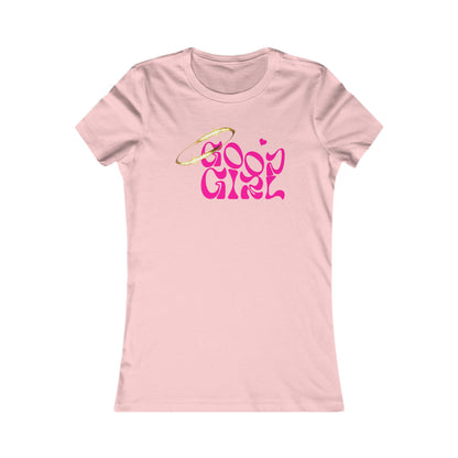 Elegant women's fitted t-shirt in soft pink adorned with a whimsical 'Good Girl' script and a golden halo, embodying stylish charm.