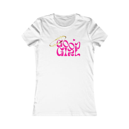 Luxurious Good Girl with Halo fitted women's t-shirt in white, featuring eye-catching pink script and a golden halo design, showcasing playful elegance and modern style.