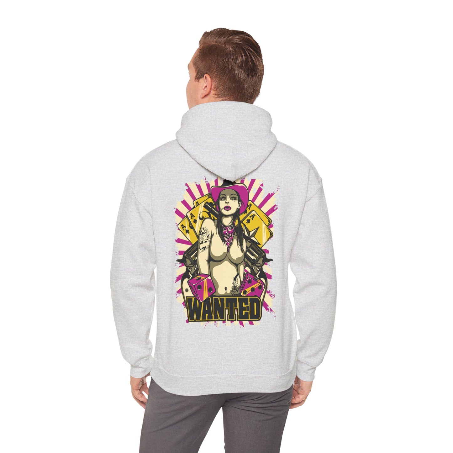 Stylish male model wearing the WANTED hoodie with a graphic design on the back, highlighting the fierce rebel aesthetic.