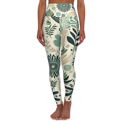 Leilani Beaumont High-Waisted Yoga Leggings showcasing chic pastel green block prints and organic shapes, ideal for stylish workouts.