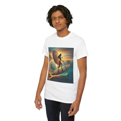 Artistic depiction of serene water on Delightfull Paddle Board T-Shirt, showcasing a luxurious lifestyle for water sport lovers by Dazzling Dreams Studio.