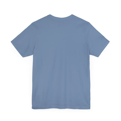 Back view of Sabrina Carpenter Inspired Unisex Short Sleeve Tee with Vibrant Lipstick Print in a soothing blue hue, perfect for stylish comfort.