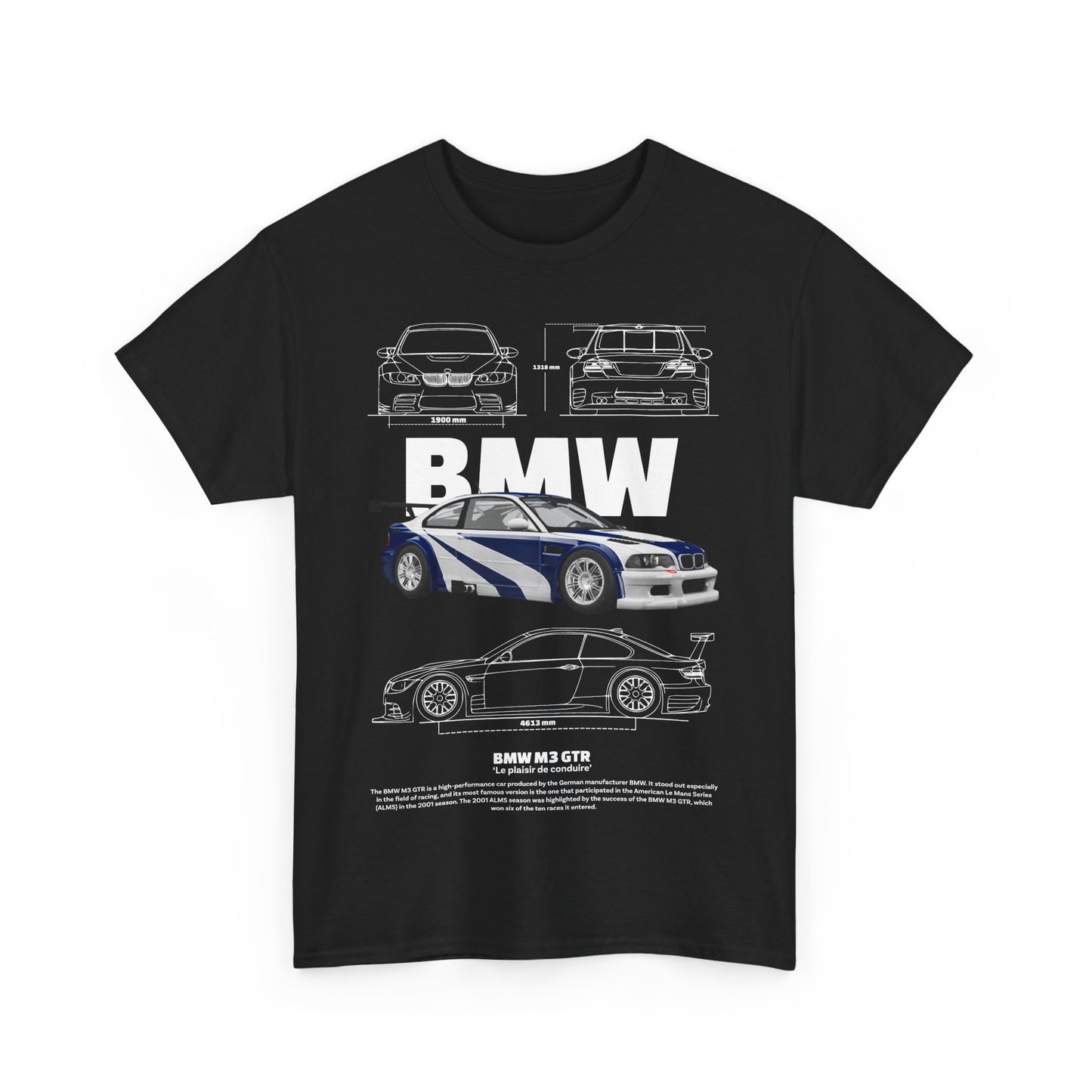 Front view of a premium black T-shirt featuring a striking graphic of the BMW M3 GTR with technical sketches, ideal for motorsport lovers.