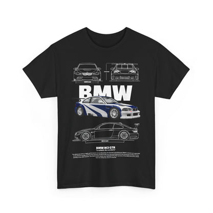 Front view of a premium black T-shirt featuring a striking graphic of the BMW M3 GTR with technical sketches, ideal for motorsport lovers.