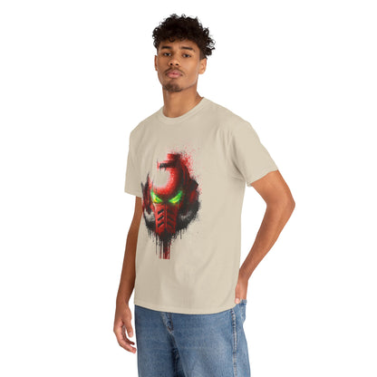 Chic model wearing a beige graphic t-shirt adorned with a captivating red and green helmet design, set against a minimalist backdrop.