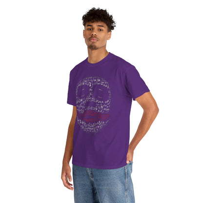 Sophisticated male model wearing a lavish purple t-shirt adorned with an artistic Joker face graphic, capturing the blend of street style and cinematic charm in a modern setting.