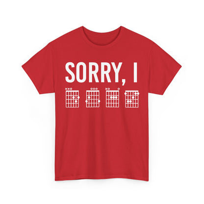 Make a bold statement in the vibrant red 'Sorry I DGAF Graphic T-Shirt Urban Unisex Cotton Tee', adorned with visual musical chord motifs.