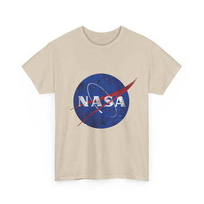 Front view of the Urban NASA Logo Graphic T-Shirt in 100% cotton, showcasing a striking NASA logo graphic on a chic beige fabric, perfect for contemporary street style.