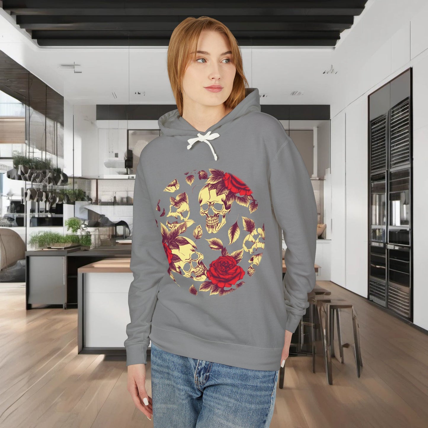 Unisex Lightweight Hooded Sweatshirt unique designer skull and roses