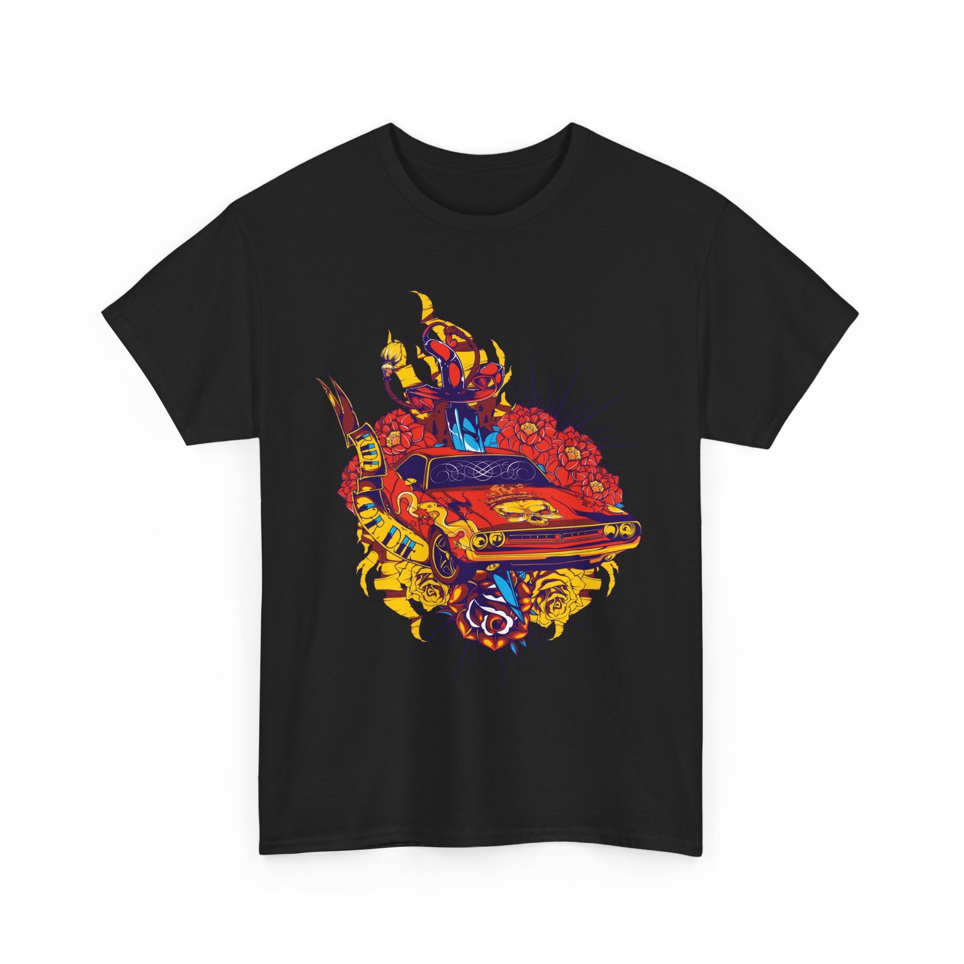 Stylish men's t-shirt in black embellished with an eye-catching design of a red muscle car and decorative floral motifs, ideal for the discerning fashion enthusiast.
