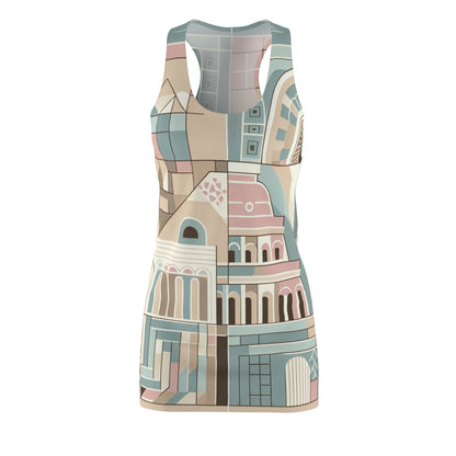 Modern Roman Geometry Dress featuring stylish racerback design, inspired by ancient Rome with calming pastel colours and striking geometric patterns, capturing the essence of iconic architecture.