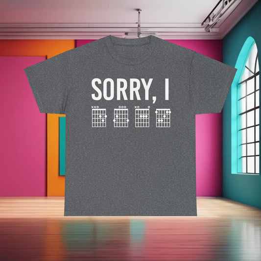 Sorry I DGAF Graphic T-Shirt featuring stylish chord graphics on a grey background, perfect for expressing musical passion and individuality.
