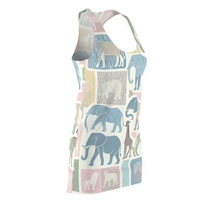 Maxwell Bravura Women's Racerback Dress with Whimsical Animal Pattern in Pastel Colours, showcasing light pink and lavender shades intertwined with zebras and elephants.