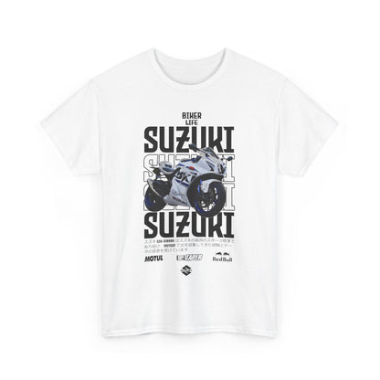 Chic white Suzuki GSX-R T-shirt featuring bold typography and a dynamic motorcycle graphic, tailored for motorcycle lovers.