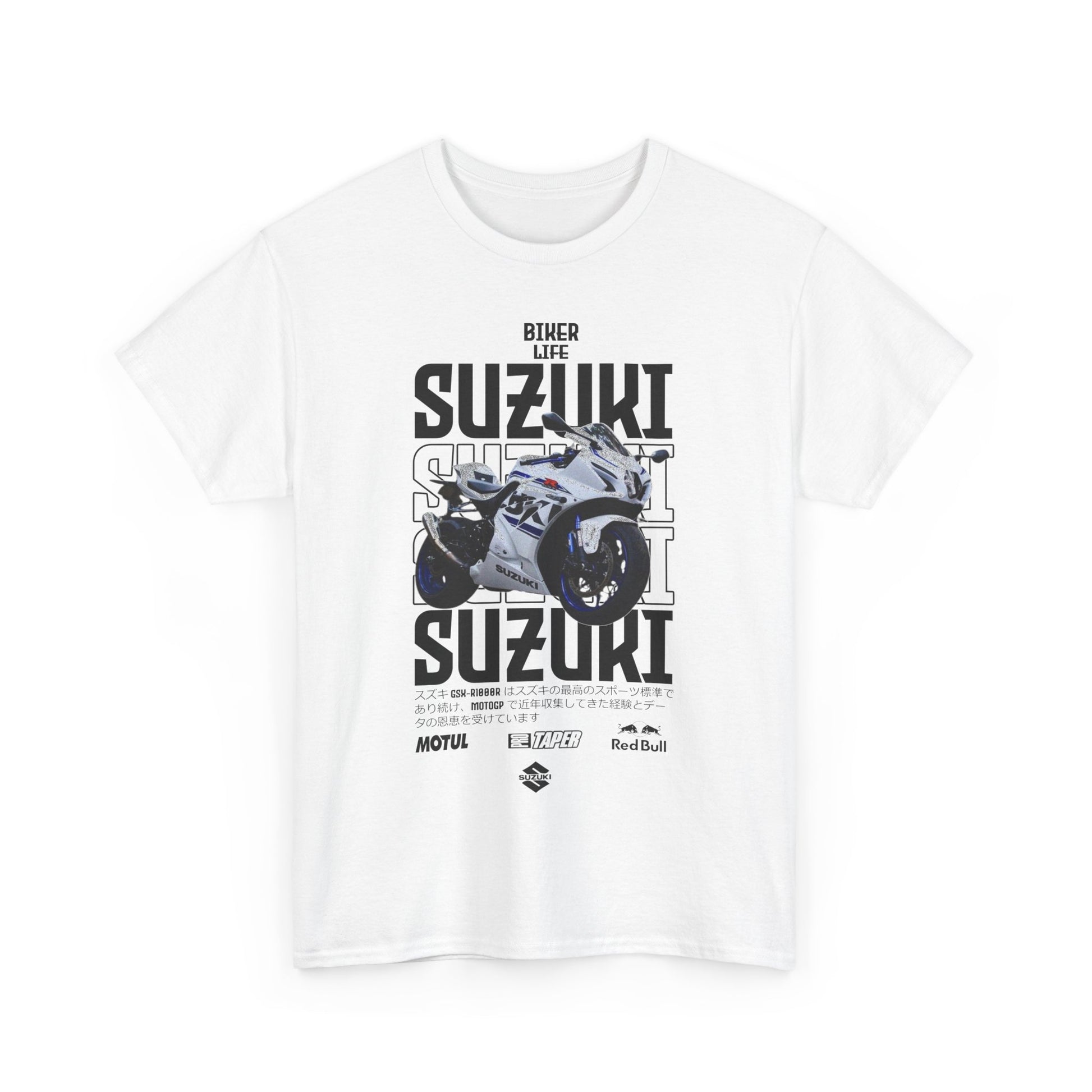 Contemporary white Suzuki GSX-R T-Shirt adorned with an iconic motorcycle design and bold text, perfect for the discerning biker.