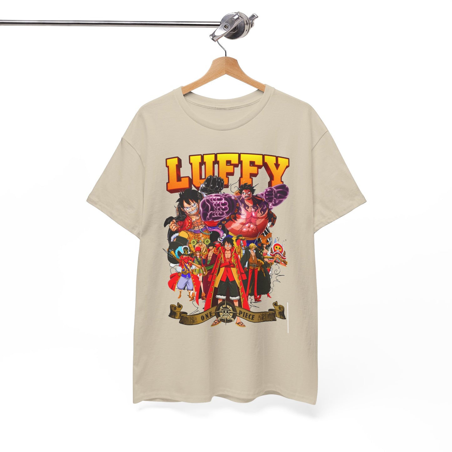 Luxurious Luffy graphic tee hanging stylishly on display, showcasing iconic characters from One Piece for the discerning collector.