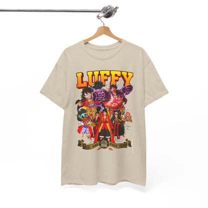 Luxurious Luffy graphic tee hanging stylishly on display, showcasing iconic characters from One Piece for the discerning collector.