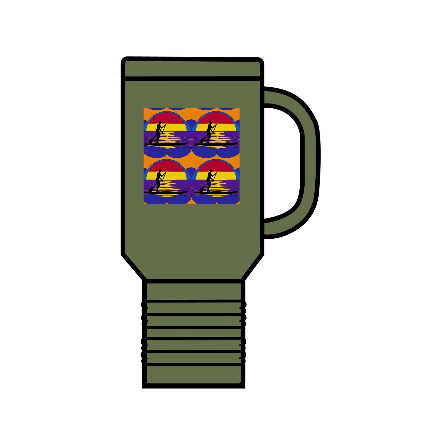 Chic Fantasy Paddleboarding Insulated Travel Mug in olive green featuring a captivating paddleboarding design, perfect for adventurous outings.