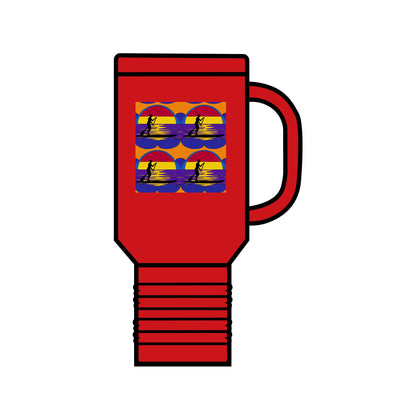 Bold Fantasy Paddleboarding Insulated Travel Mug in red with an eye-catching paddleboarding motif, perfect for fashionable beverage enjoyment.