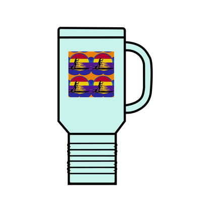Fantasy Paddleboarding Insulated Travel Mug 40oz in mint green featuring vibrant paddleboarding artwork, ideal for outdoor enthusiasts.