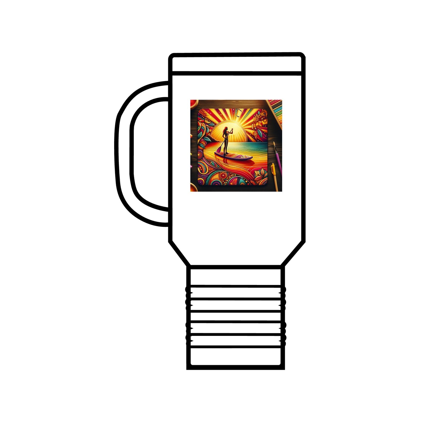 Fantasy Paddleboarding 40oz Insulated Travel Mug in classic white, featuring stunning paddleboarding imagery, perfect for outdoor enthusiasts seeking luxury and functionality.