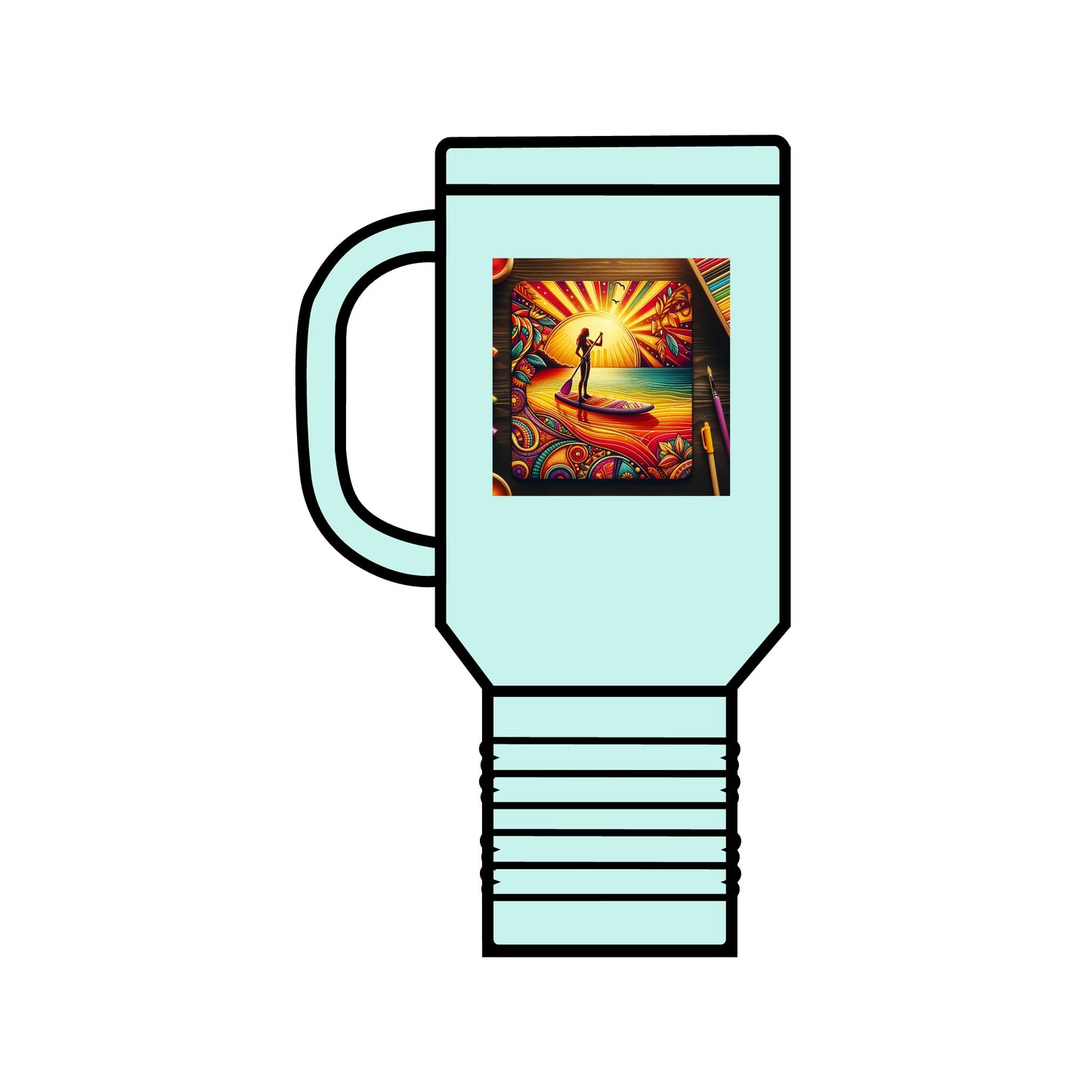Fantasy Paddleboarding 40oz Insulated Travel Mug in stylish pastel mint, featuring a whimsical paddleboarding motif, designed for the modern traveller.