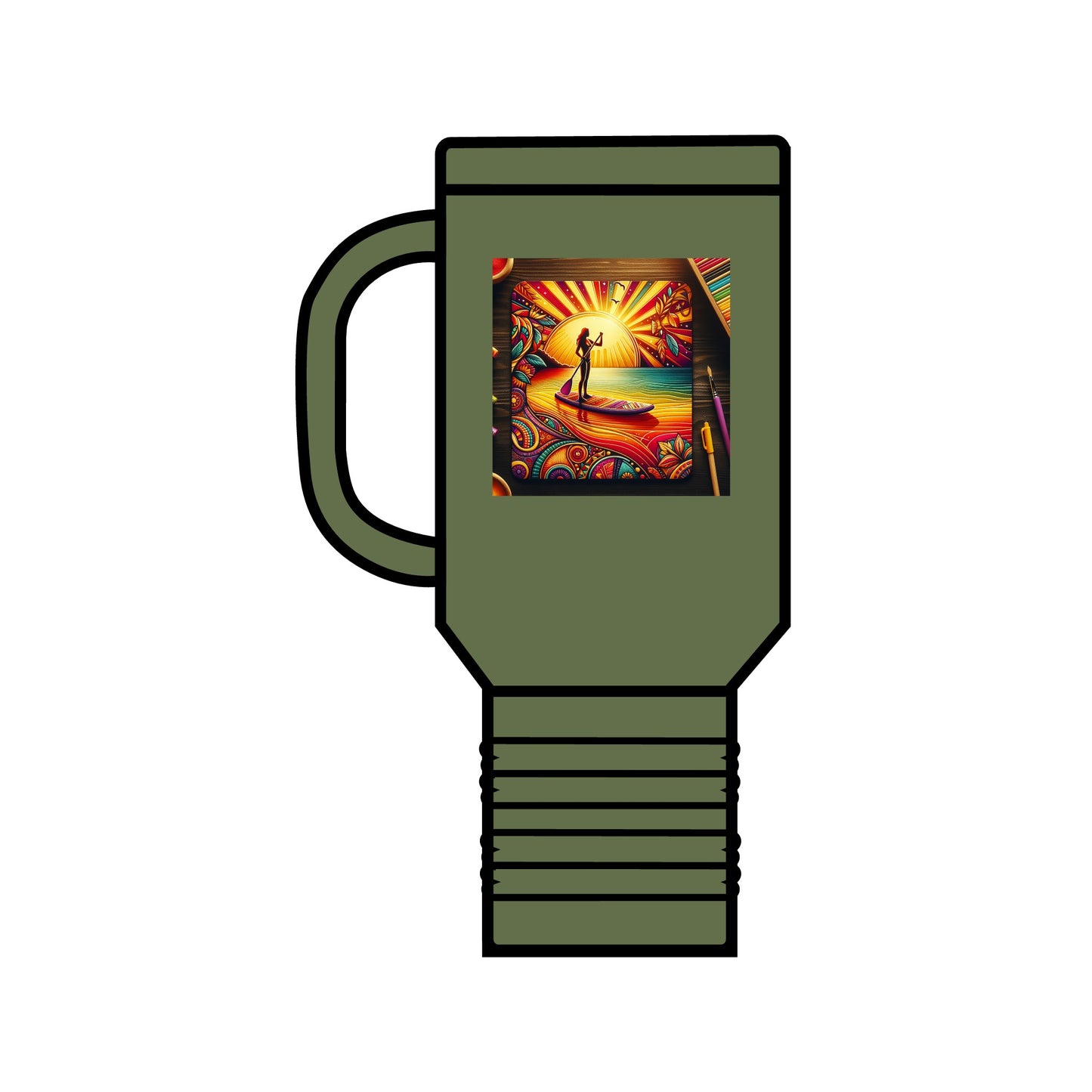 Fantasy Paddleboarding 40oz Insulated Travel Mug in olive green, showcasing a vibrant paddleboarding design, ideal for luxury travel and outdoor adventures.