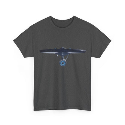Front view showcasing the USS Enterprise design on the luxurious USS Enterprise Star Trek Graphic Unisex T Shirt Tee, highlighting its intricate details against a dark grey background.