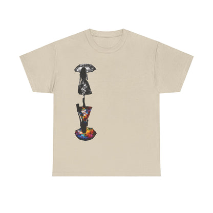 Duality Dreams Unisex Graphic T-Shirt in a nude shade, displaying a unique artistic floral design with silhouettes, highlighting the elegance of a black and white woman under an umbrella.