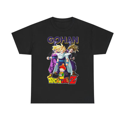 Exclusive Gohan Ascends T-Shirt in classic black displaying dynamic art of Gohan and his allies from Dragon Ball Z, a sophisticated choice for dedicated fans.