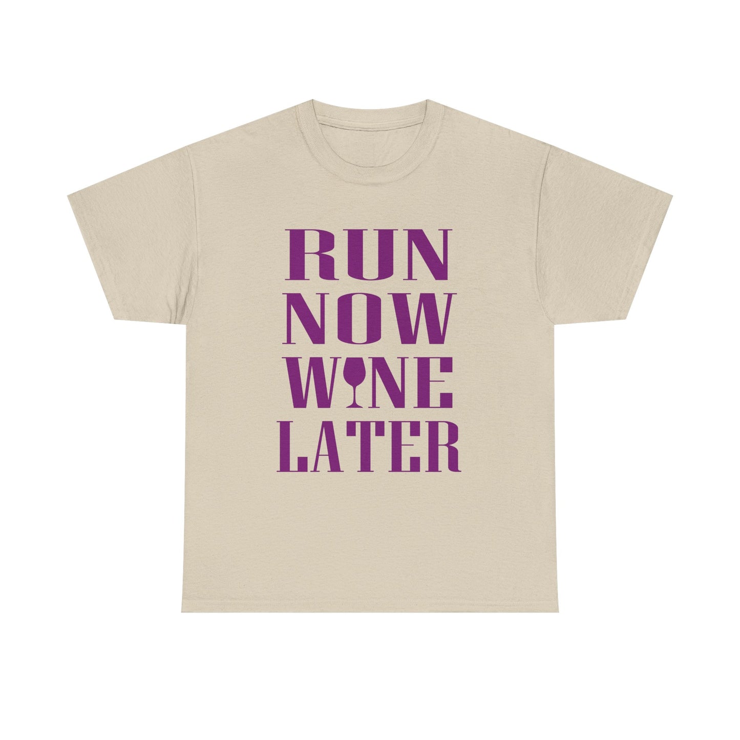Refined beige women's t-shirt with eye-catching purple lettering saying 'RUN NOW WINE LATER', embodying an exquisite blend of workout motivation and stylish leisure.