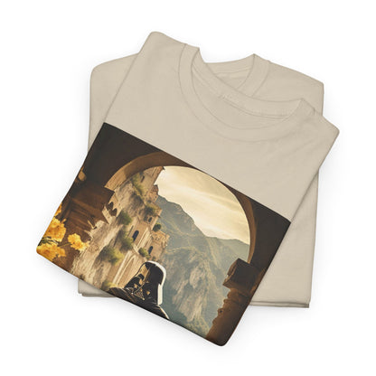Two neatly folded beige t-shirts displaying an artistic print of Darth Vader in a relaxed setting, emphasising luxurious fabric texture.