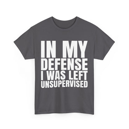In My Defense Graphic Tee Shirt featuring bold white typography on a charcoal background, made from 100% cotton, designed for those who embrace quirky self-expression.