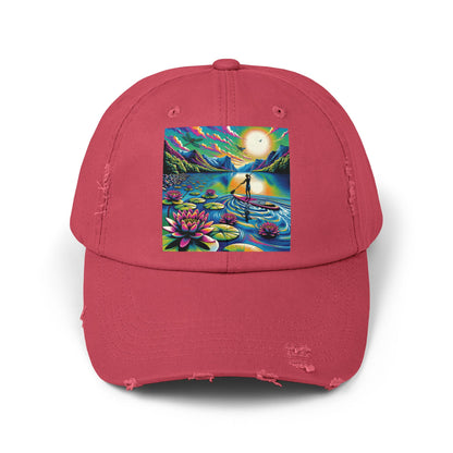 Unisex Distressed Paddleboarders Cap - A chic pink baseball hat showcasing a stunning paddleboarding artwork, designed for the sophisticated water enthusiast.