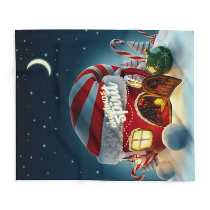 Luxurious Decorative and Warm Christmas Arctic Fleece Blanket featuring a festive winter scene with a charming gingerbread house, candy canes, and holiday ornaments against a starry night background.
