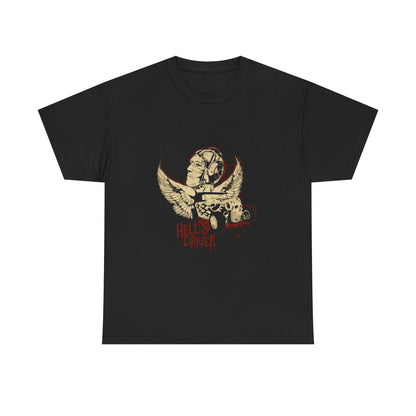 Luxurious black men's graphic t-shirt featuring an angelic winged figure alongside a vintage hot rod design, emblazoned with 'Hell's Driver' in gothic typography.