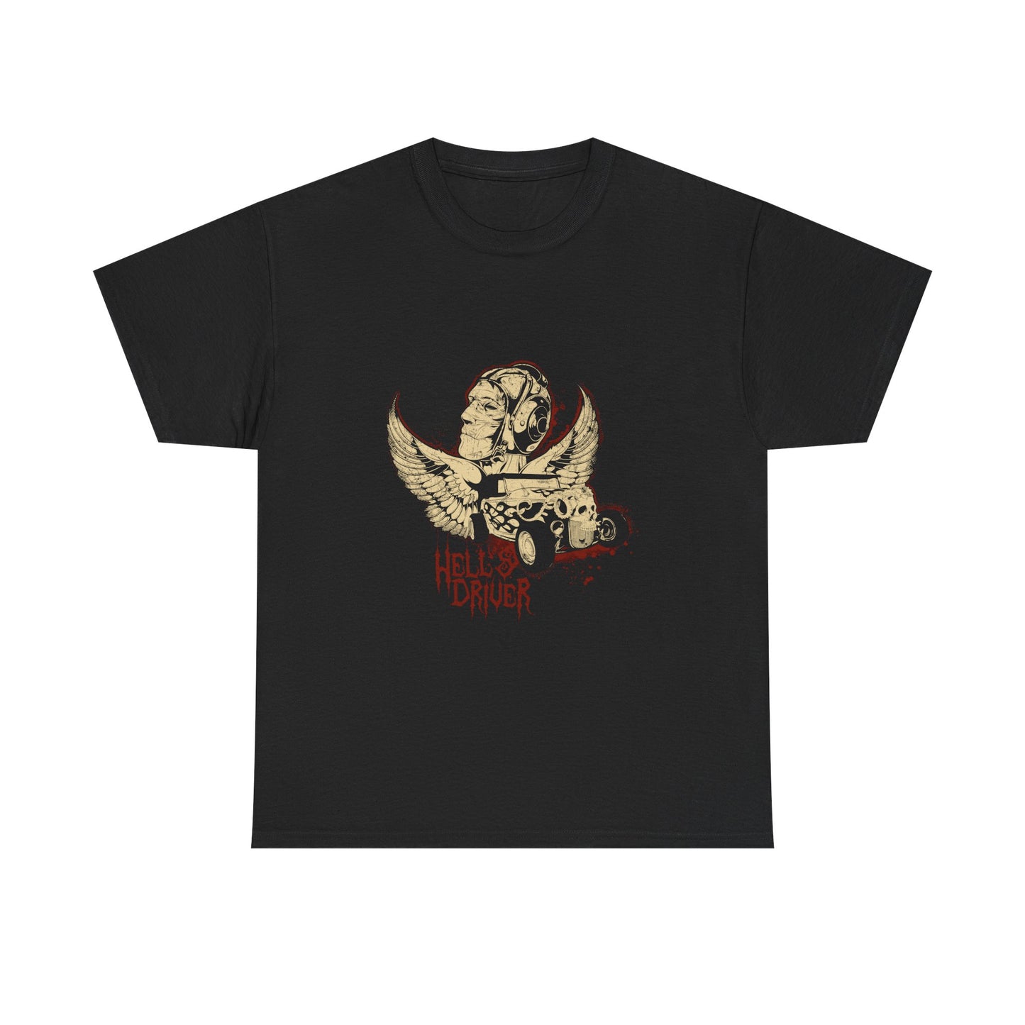 Men's luxurious graphic t-shirt featuring a striking design of an angelic winged figure and vintage hot rod, embodying a bold 'Hell's Driver' motif. Crafted from premium fabric, this shirt reflects an edgy, rebellious spirit, ideal for fashion enthusiasts.