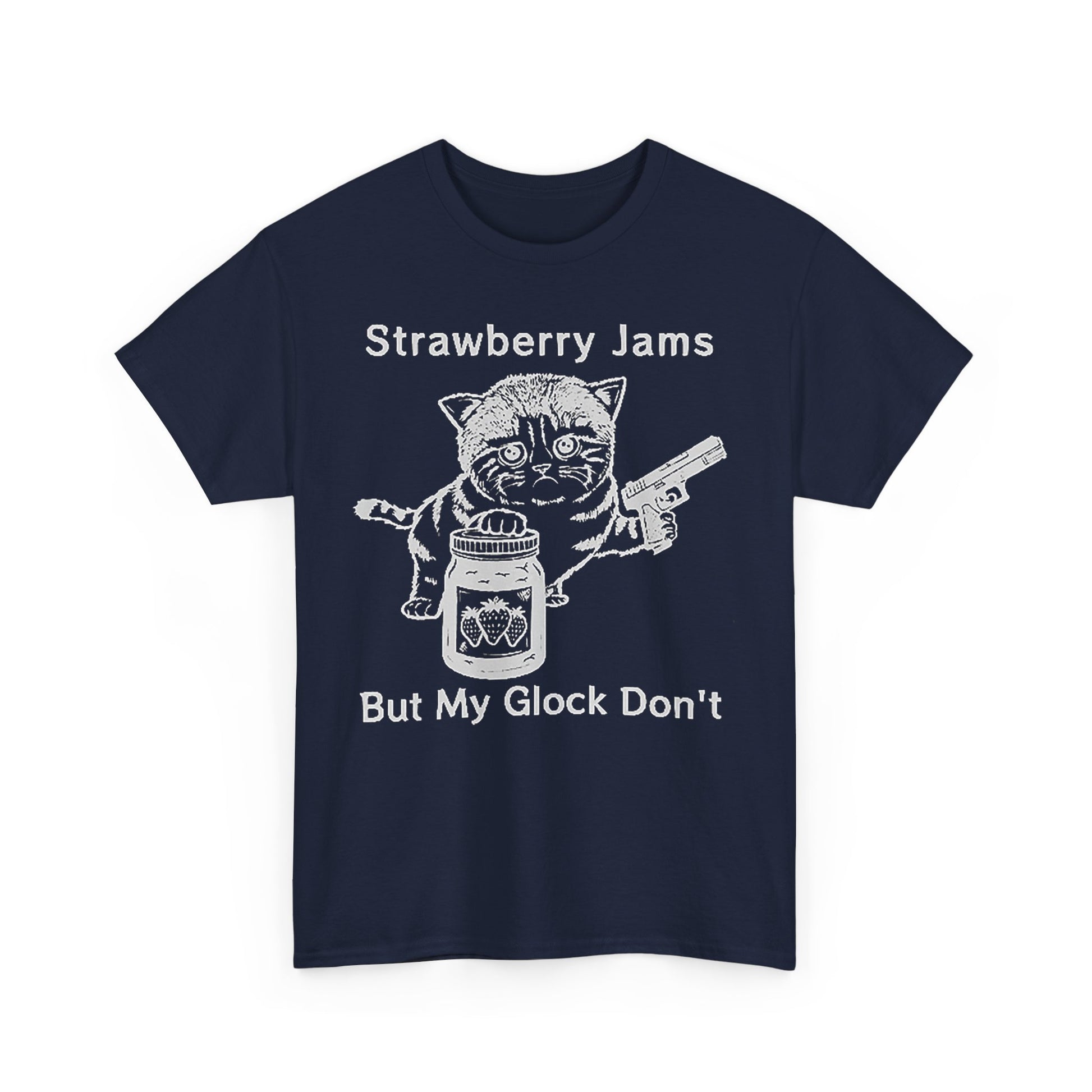 Front view of a trendy navy men's t-shirt featuring a whimsical graphic of a cartoon cat holding a jar of strawberry jam and a handgun, perfect for adding flair to any outfit.