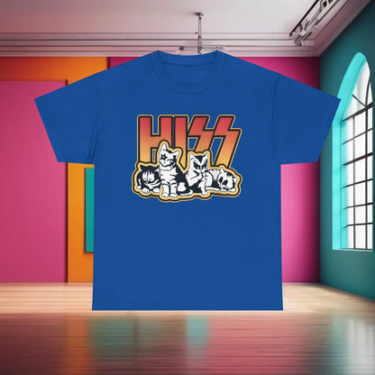 Chic HISS Cats Rock Band graphic t-shirt in blue, highlighting playful cat designs along with stylish typography, ideal for casual yet refined wear.