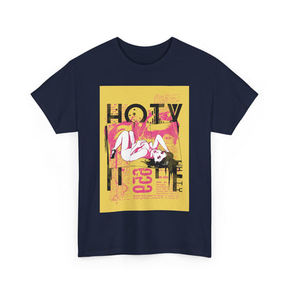 Front view of a sophisticated navy blue men's t-shirt showcasing an eye-catching 'HOTY' graphic design, perfect for making a stylish impression.