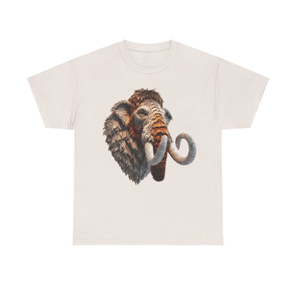 Mammoth Majesty Unisex Graphic Tee in cream, beautifully illustrating a mammoth using a unique newspaper design, perfect for those seeking a blend of art and luxury in their everyday attire.