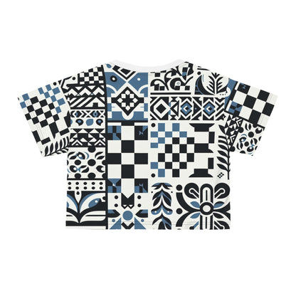 Detailed back view of the Lorelei Beaumont Trendy Crop Top, displaying the elegant checkerboard and organic patterns in sophisticated colours.