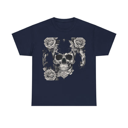 Front view of the Skulls and Roses Cotton Tee showcasing a striking steampunk skull and rose graphic, perfect for fashion-forward individuals.