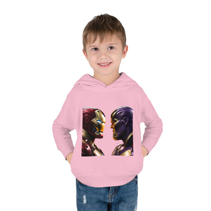 A young boy showcasing the Iron Man Vs Thanos Child's Unisex Hoodie in pink, featuring a vibrant graphic of Iron Man and Thanos, perfect for budding superheroes.