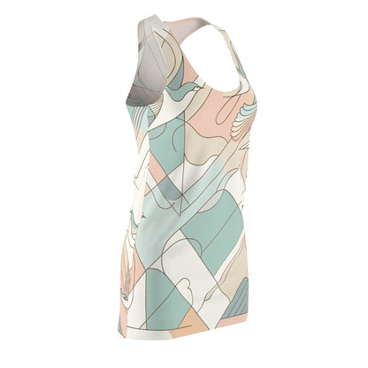 Model wearing the Modern Pastel Geometric Pattern Racerback Dress with Bird Designs by Dazzling Dreams Studio, highlighting the chic racerback style and vibrant design.