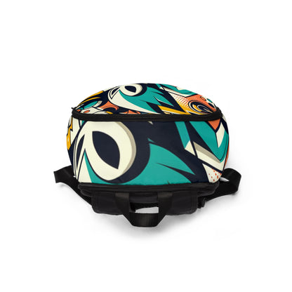 Close-up of the Trendy Fusion Ecliptic Reverie Backpack's intricate pattern showcasing dynamic artistry and bold colours, designed by Dazzling Dreams Studio.