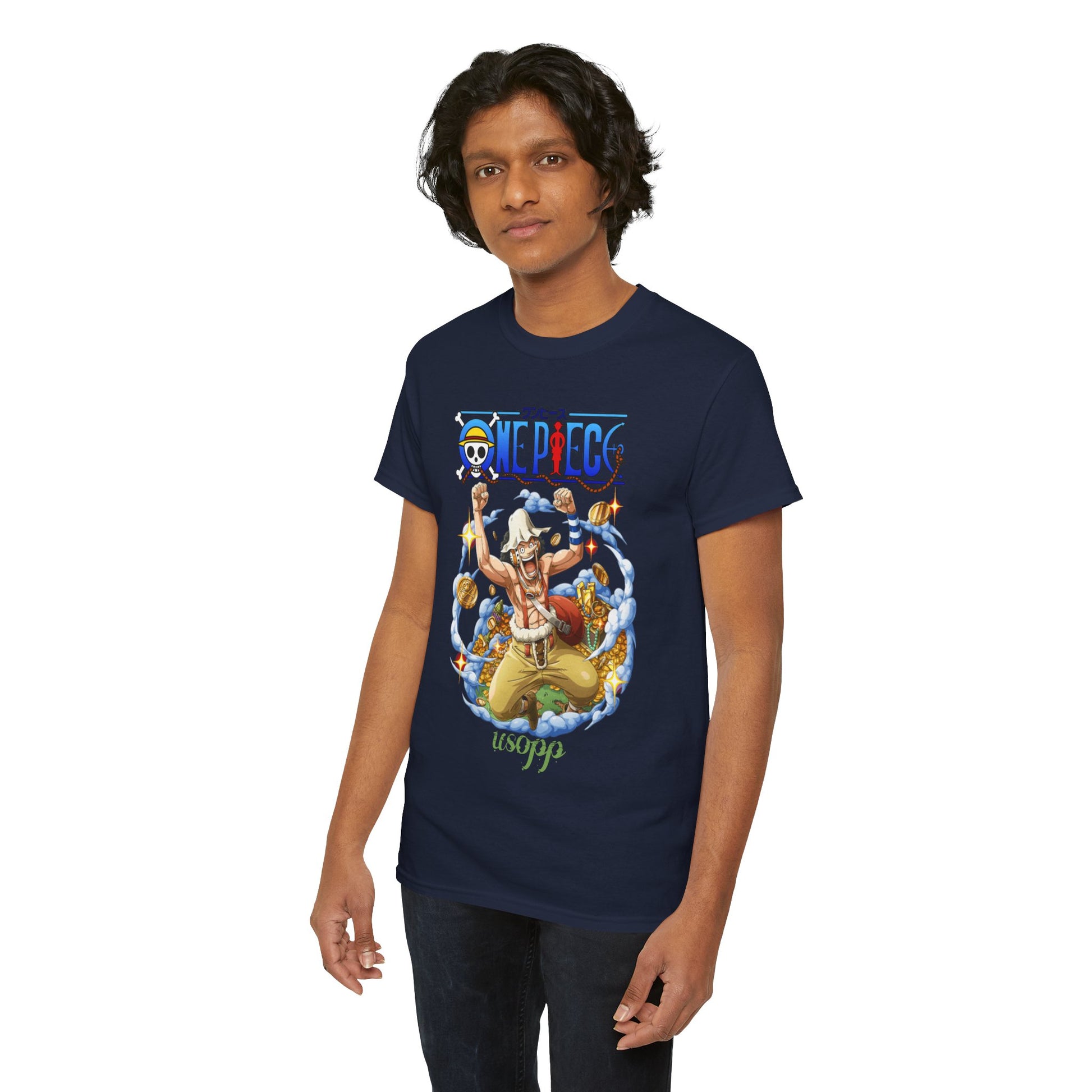 Another model displaying the Dynamic Usopp men's t-shirt in a relaxed stance, illustrating the shirt's artistic design and comfortable fit, ideal for anime enthusiasts.