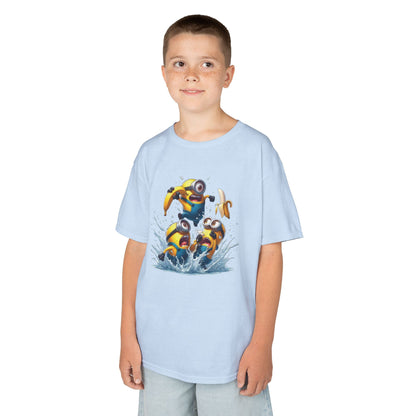 A young boy wearing a Minions T-Shirt featuring playful Minion graphics, perfect for kids who love Despicable Me. This funny t-shirt showcases Minions having fun in water, making it a great addition to any child's wardrobe.