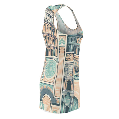 Evelyn Charleston Racerback Dress by Dazzling Dreams Studio, featuring soft pastel shades inspired by ancient Rome's architecture with elegant modern patterns, perfect for sophisticated occasions.
