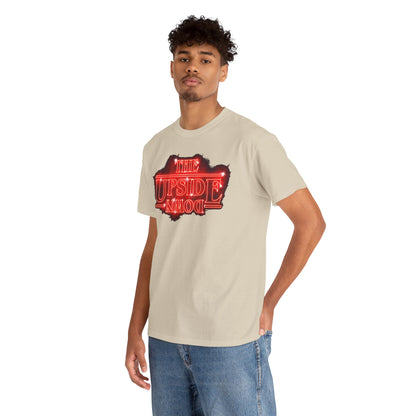 Elegant graphic t-shirt styled on a model, displaying the iconic 'THE UPSIDE DOWN' design from Stranger Things, perfect for casual chic wear.